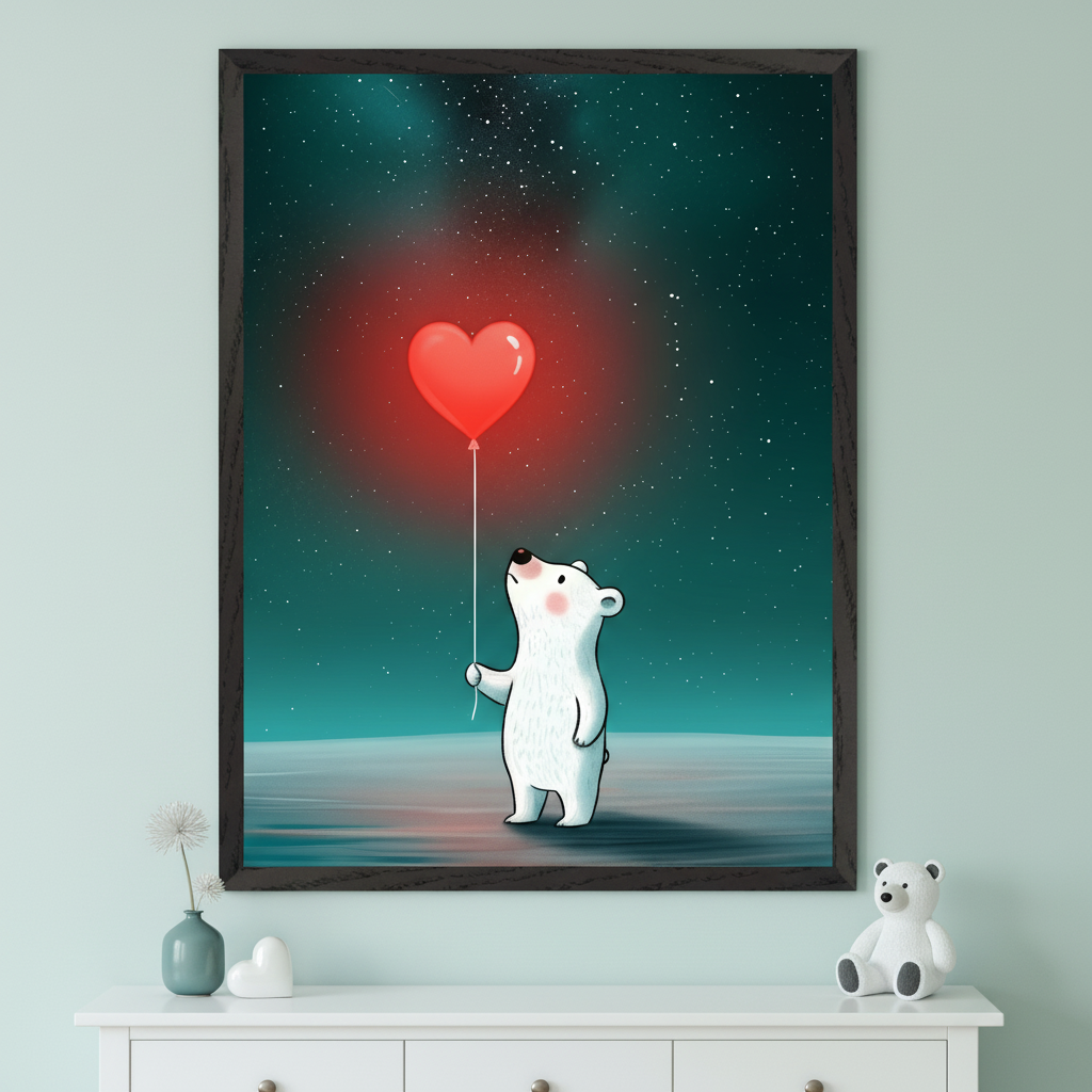 Modern kid's bedroom with a white dresser. A large black-framed print of a cartoon polar bear holding a glowing red heart balloon under a starry night sky hangs above the dresser. A white heart, vase, and teddy bear are on the dresser.
