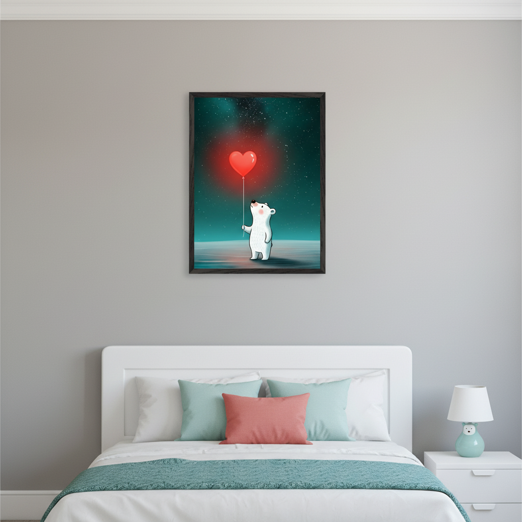 Modern kid's bedroom with a white bed and headboard. A framed print of an illustrated polar bear holding a glowing red heart balloon under a starry, dark teal sky hangs centered above the bed.