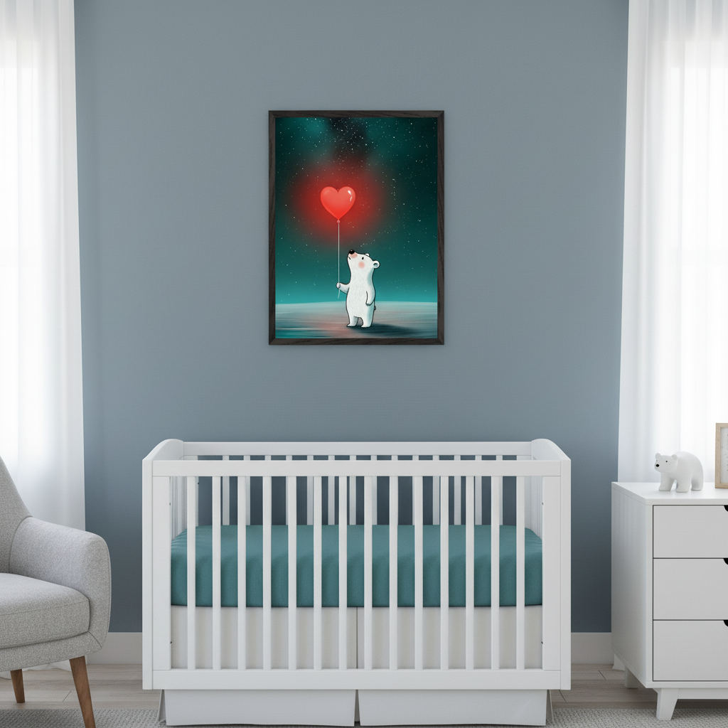 Modern nursery with a blue-gray wall. A framed print of a white polar bear holding a glowing red heart balloon under a starry sky hangs above a white crib with teal bedding. A gray armchair is on the left, and a white dresser with a polar bear figurine is on the right.