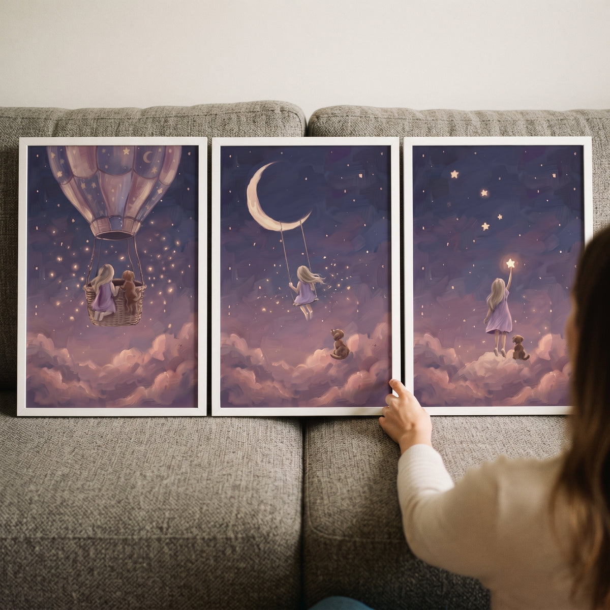 Heather starry girl dog wall art set of 3 shows a girl and dog in a balloon, on a moon swing, and reaching for a star.