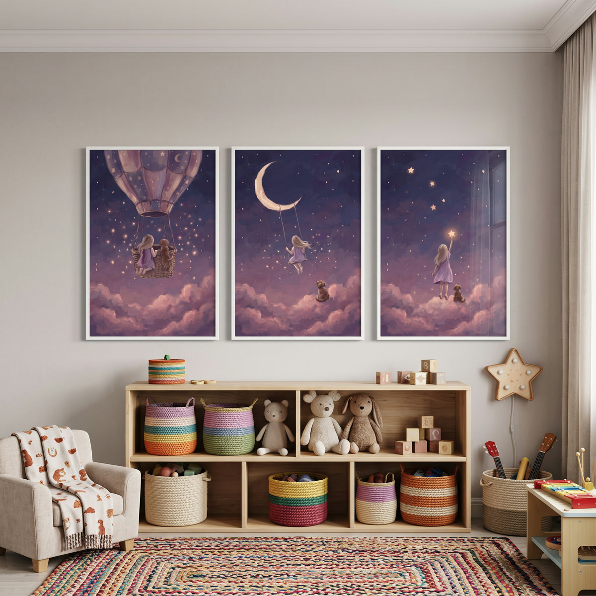 Heather Starry Girl Dog Wall Art Set of 3 - Dreamy Night Flight