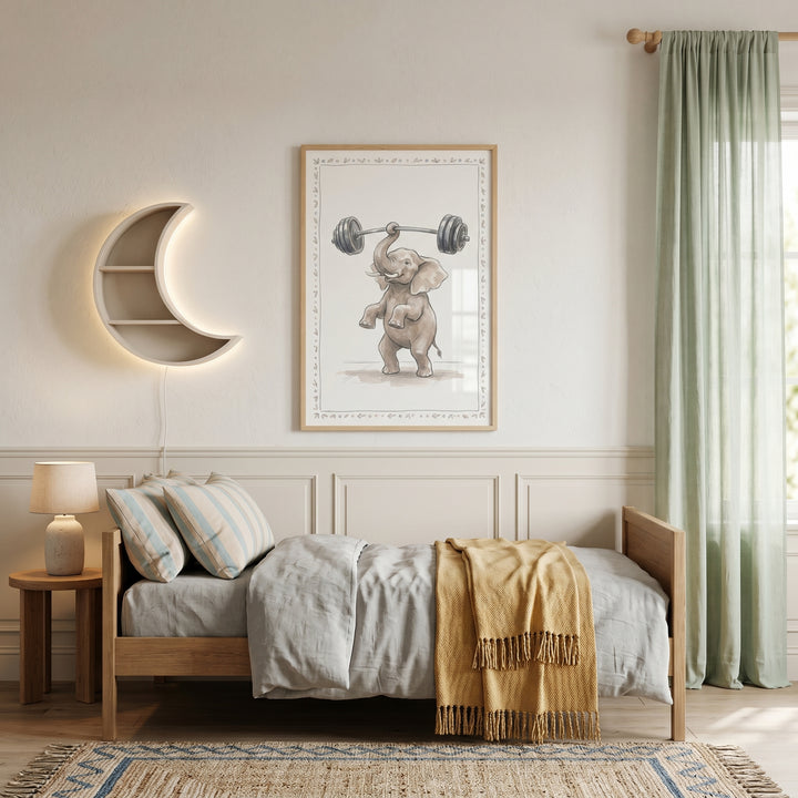 A bedroom with a wooden bed, mustard throw, moon shelf, and framed heavy barbell elephant wall art.
