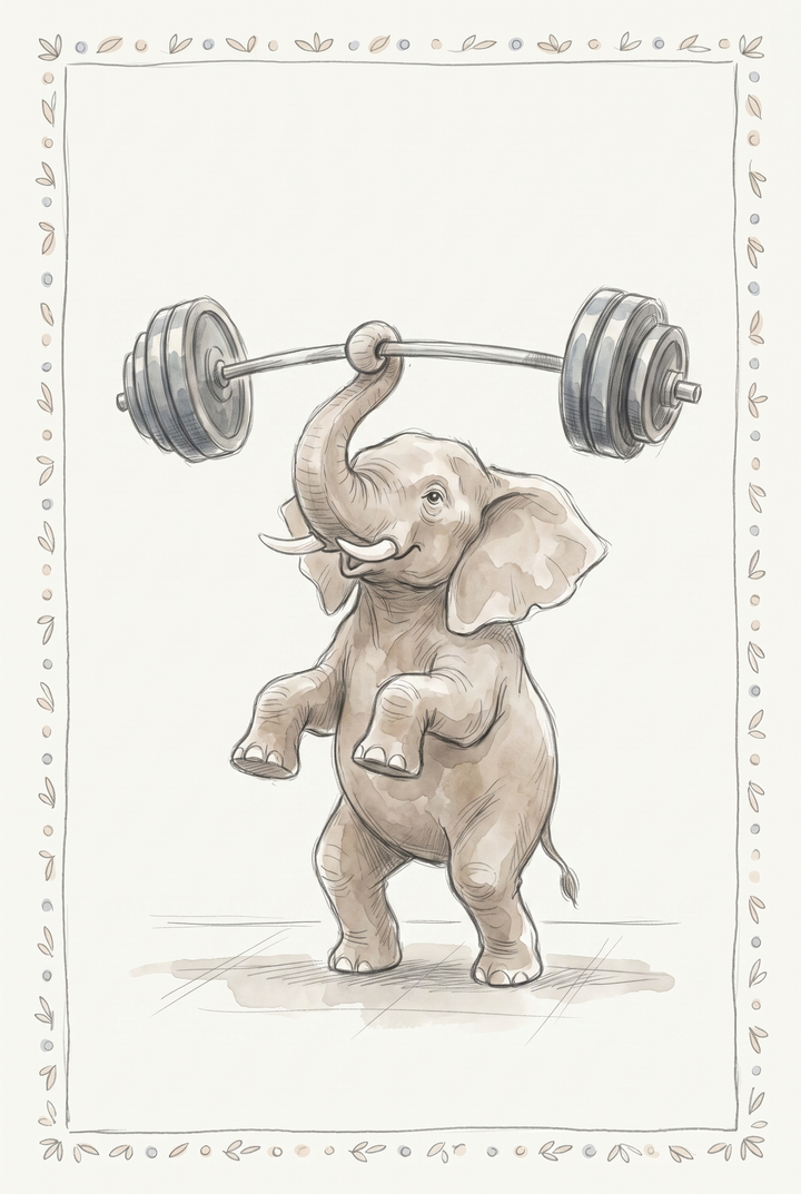 A cute elephant lifting a barbell with its trunk featured in this heavy barbell elephant wall art with a leaf border.