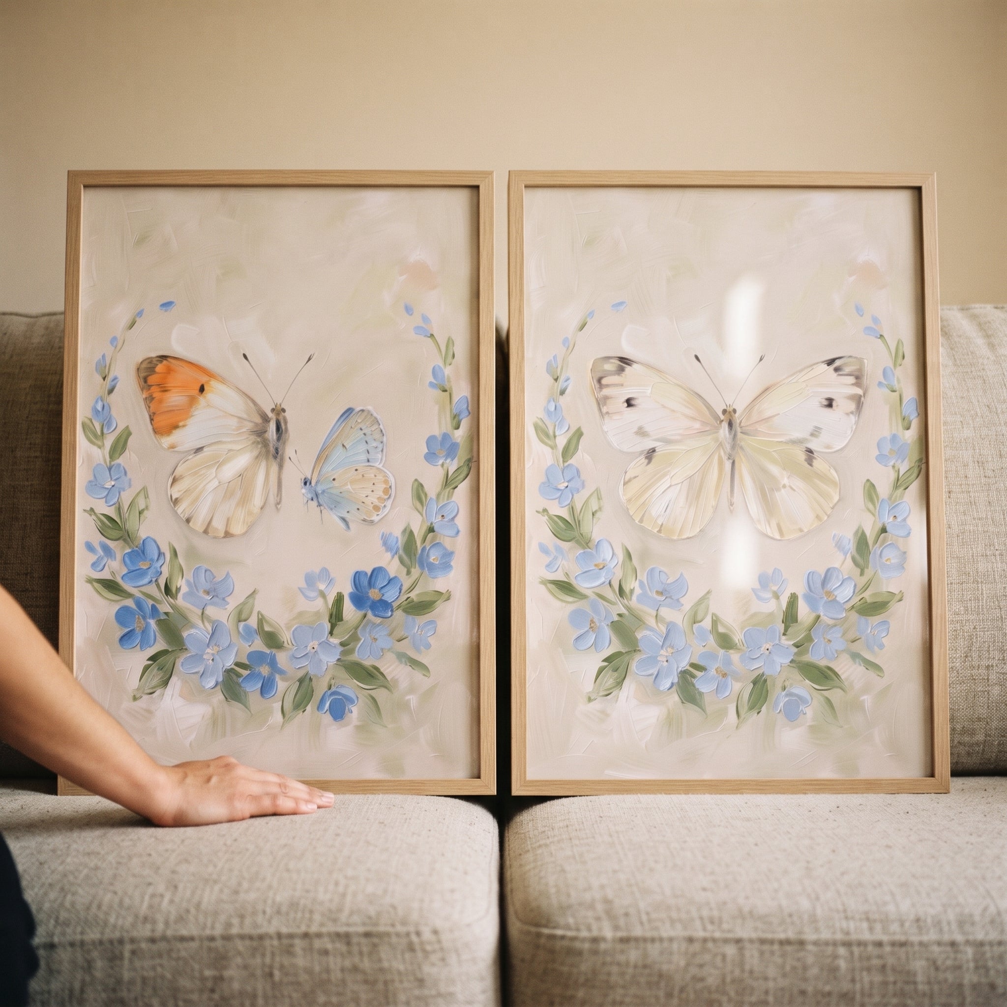 Heavy Impasto Blue Butterfly Wall Art Set of 2 - Delicate Winged Blooms