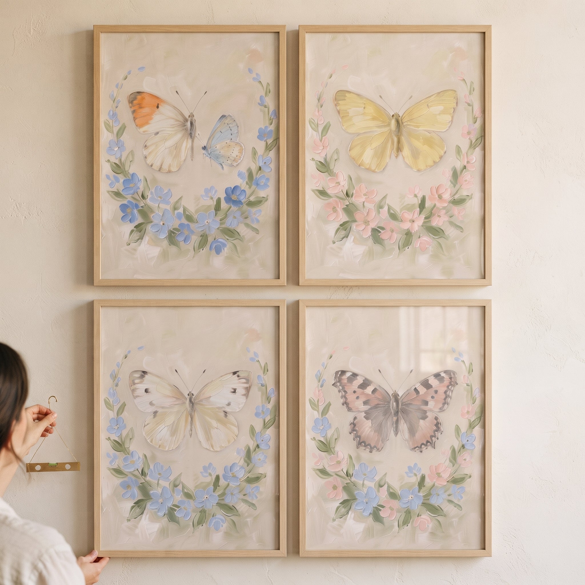 Heavy Impasto Floral Butterfly Wall Art Set of 4 - Pastel Butterfly Wreath
