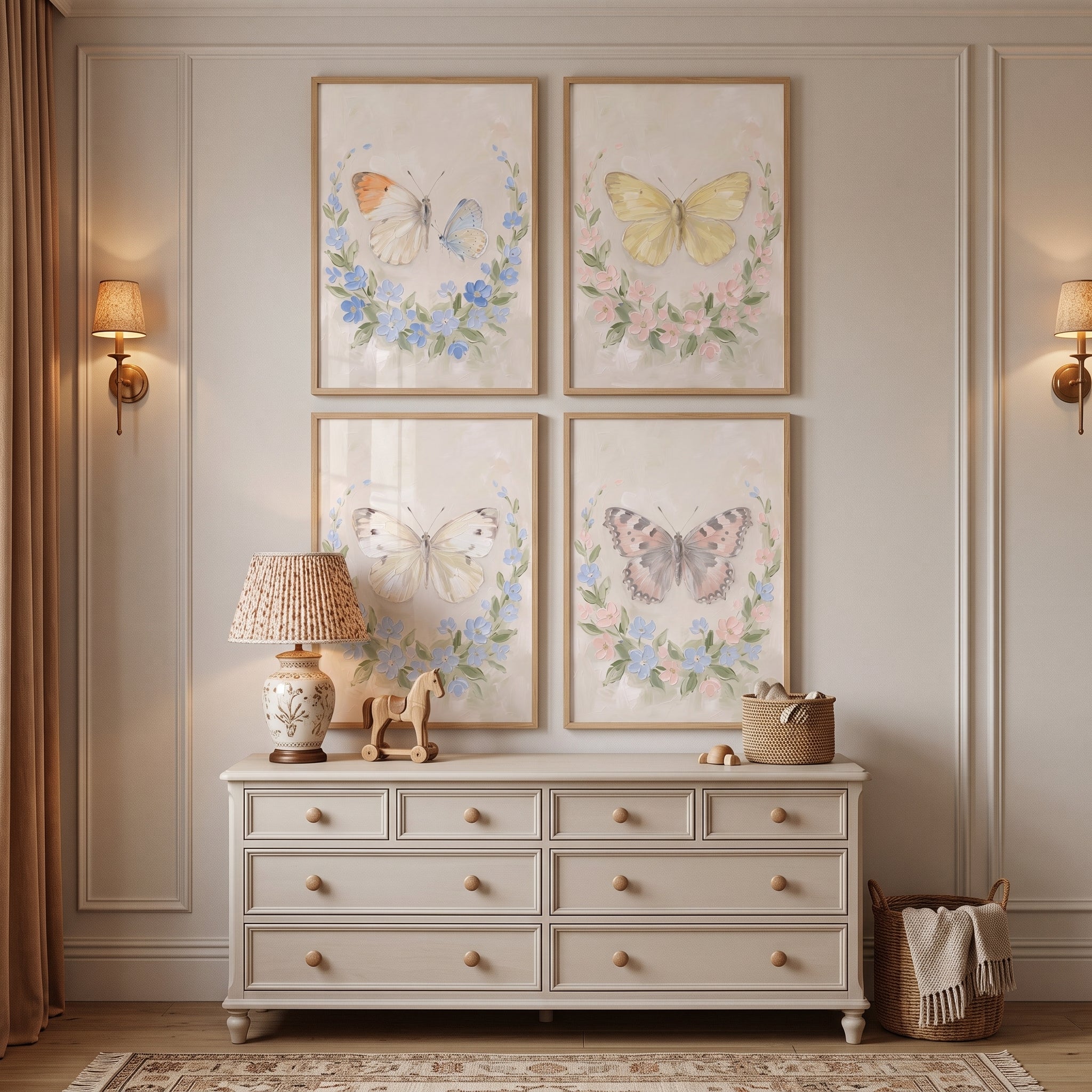 Heavy Impasto Floral Butterfly Wall Art Set of 4 - Pastel Butterfly Wreath