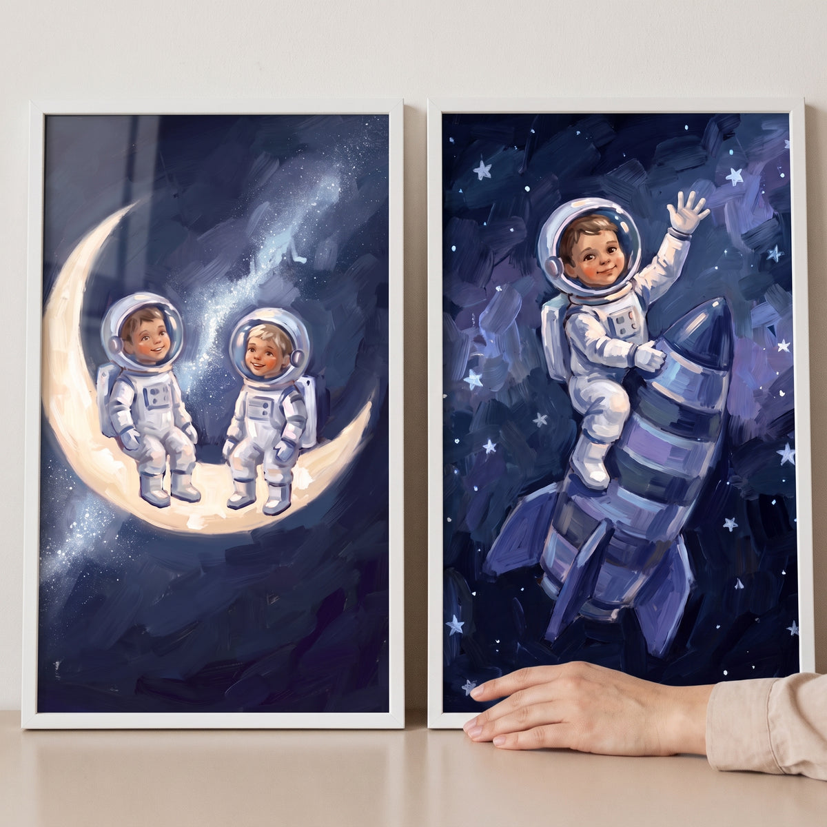 Heavy Texture Baby Astronaut Wall Art Set of 2 - Cosmic Dream Voyage