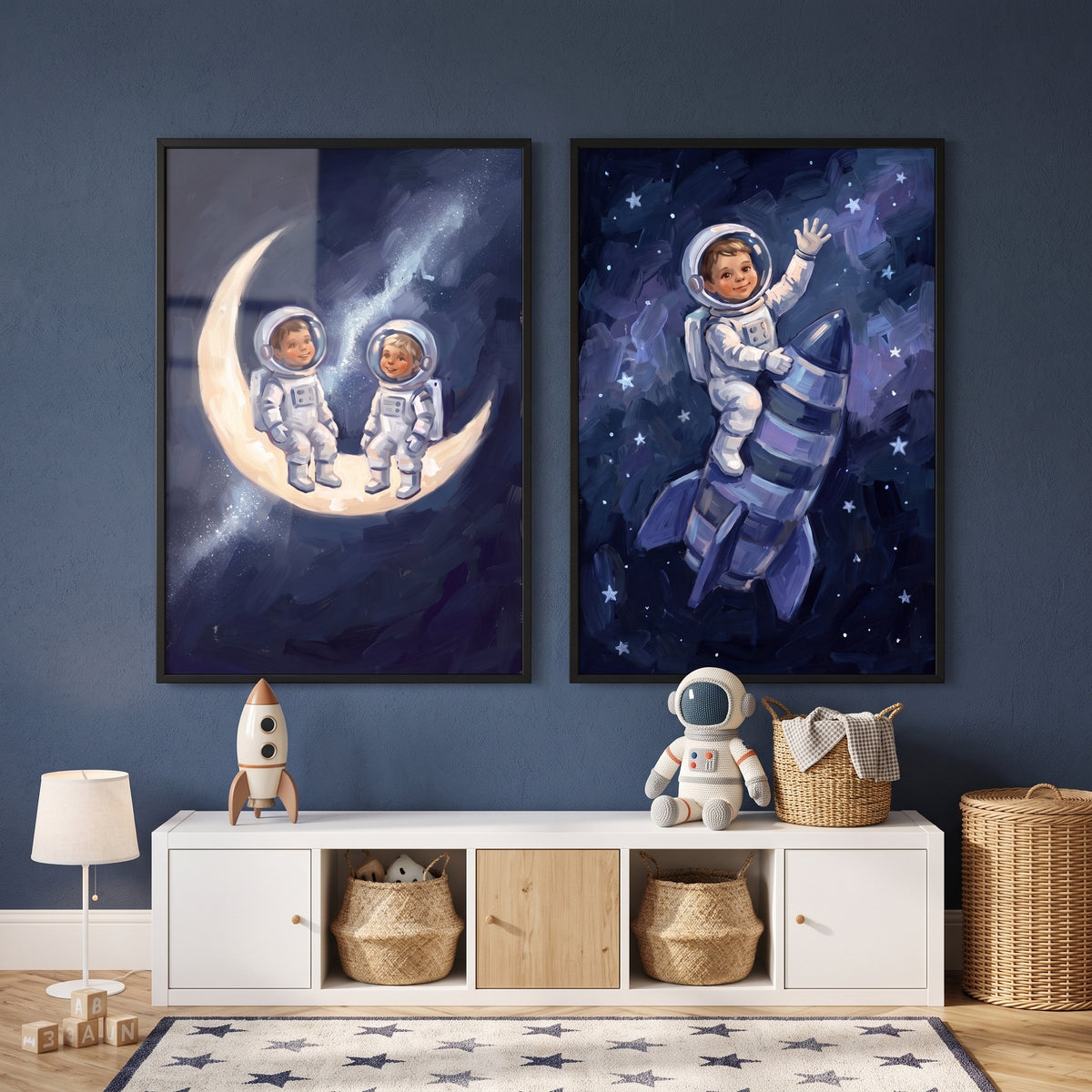 Heavy Texture Baby Astronaut Wall Art Set of 2 - Cosmic Dream Voyage