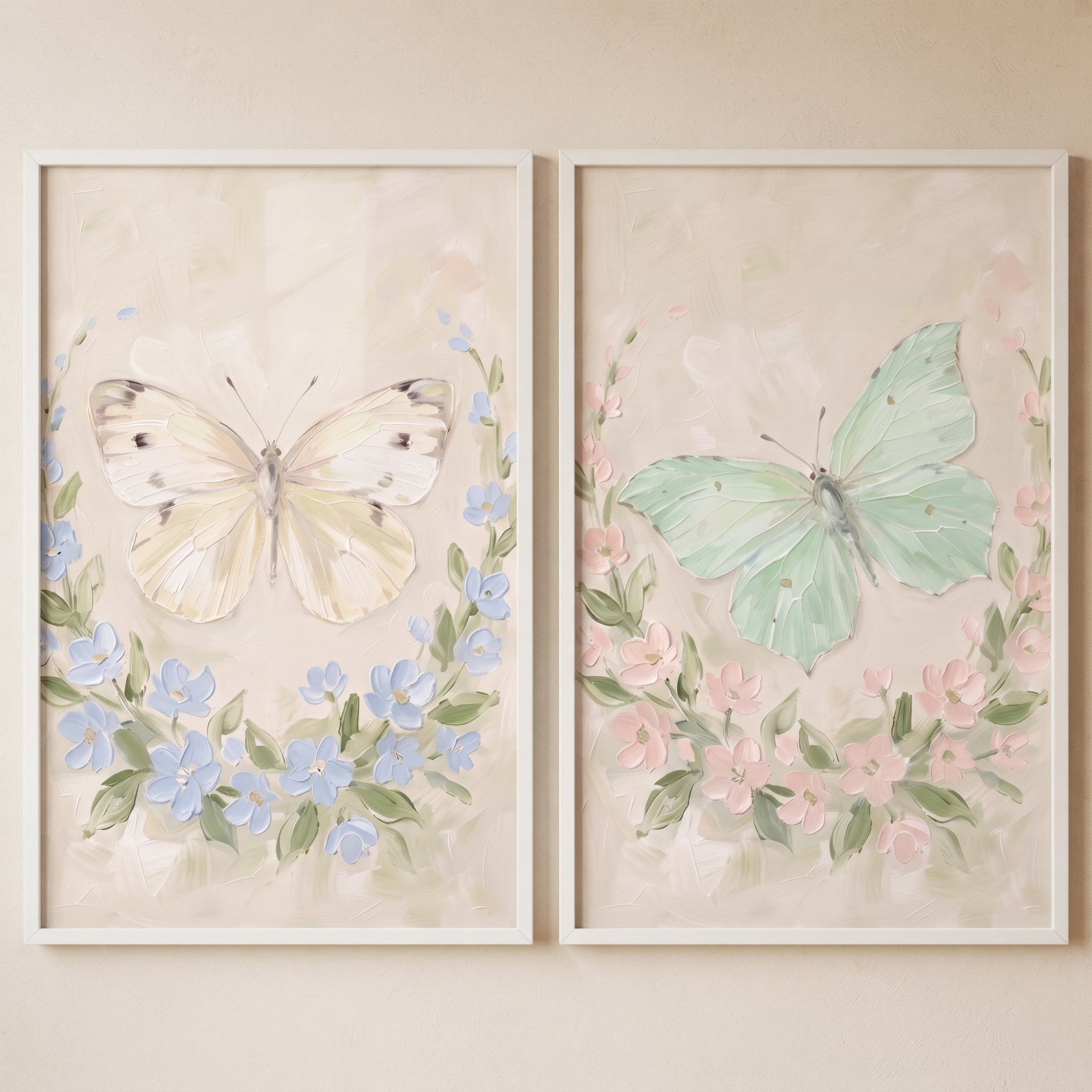 Heavy texture botanical butterfly wall art set of 2 with cream and green butterflies over blue and pink floral wreaths.