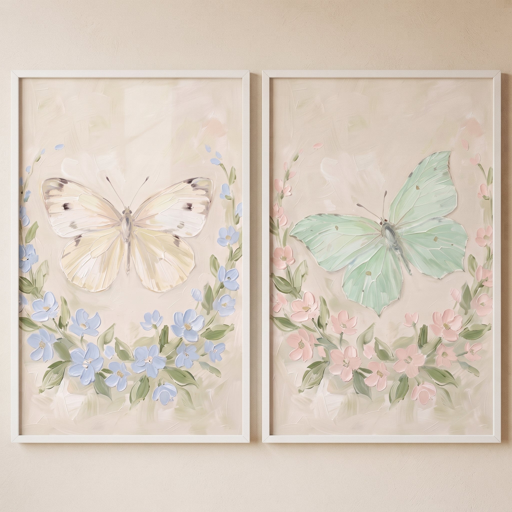 Heavy Texture Botanical Butterfly Wall Art Set of 2 - Pastel Garden Flutter