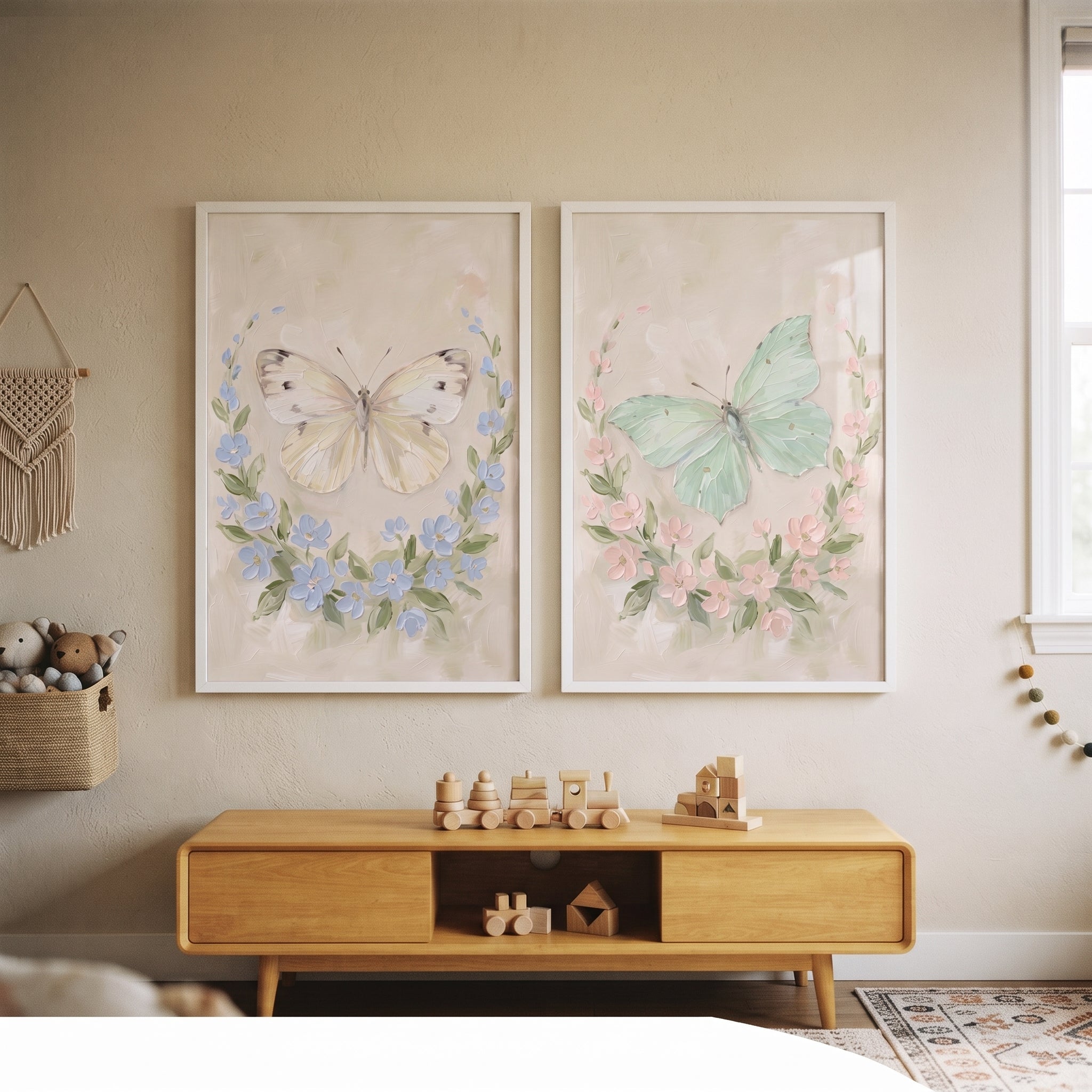 Heavy Texture Botanical Butterfly Wall Art Set of 2 - Pastel Garden Flutter