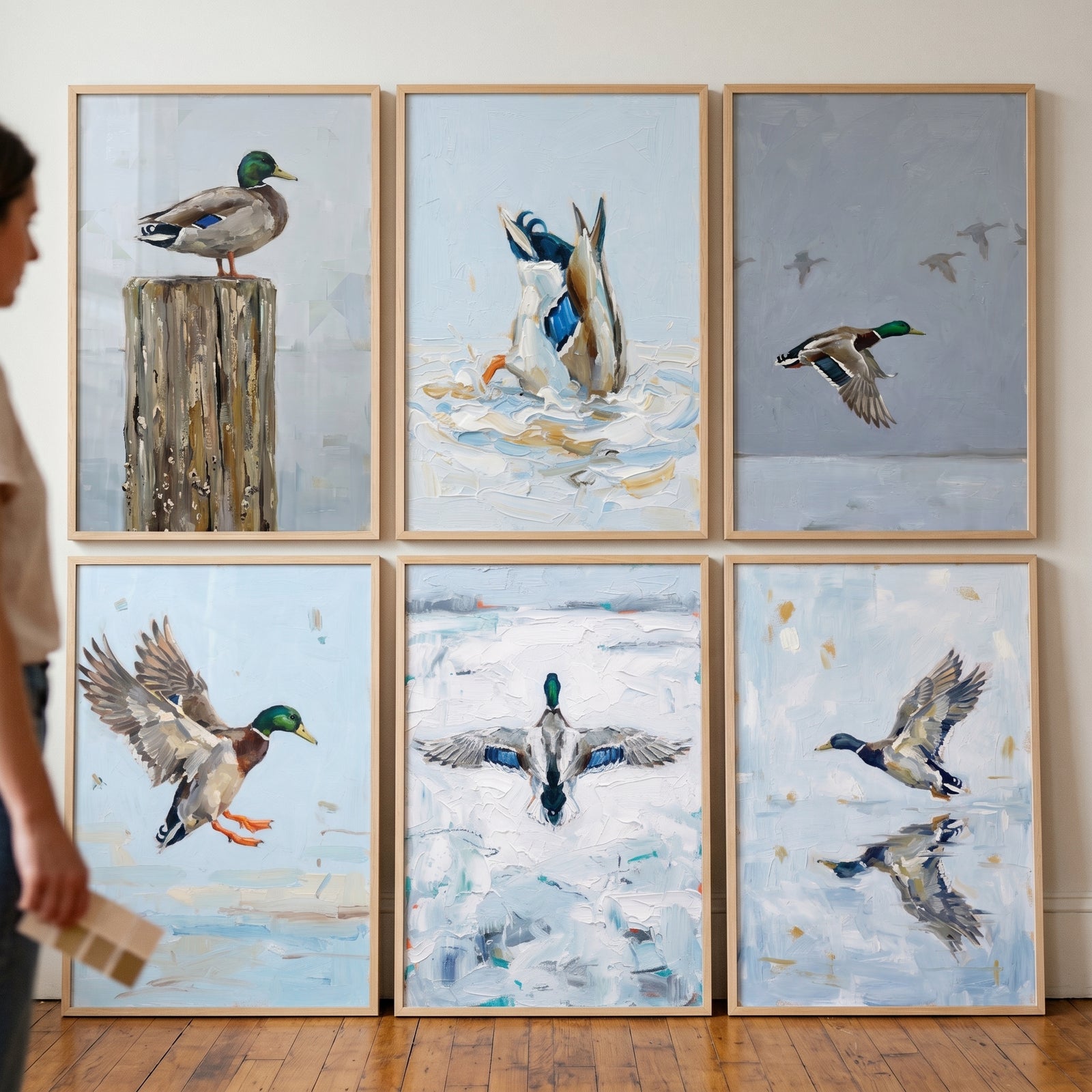 Heavy texture mallard duck wall art set of 6 depicts birds flying and diving in thick, layered strokes across six frames.