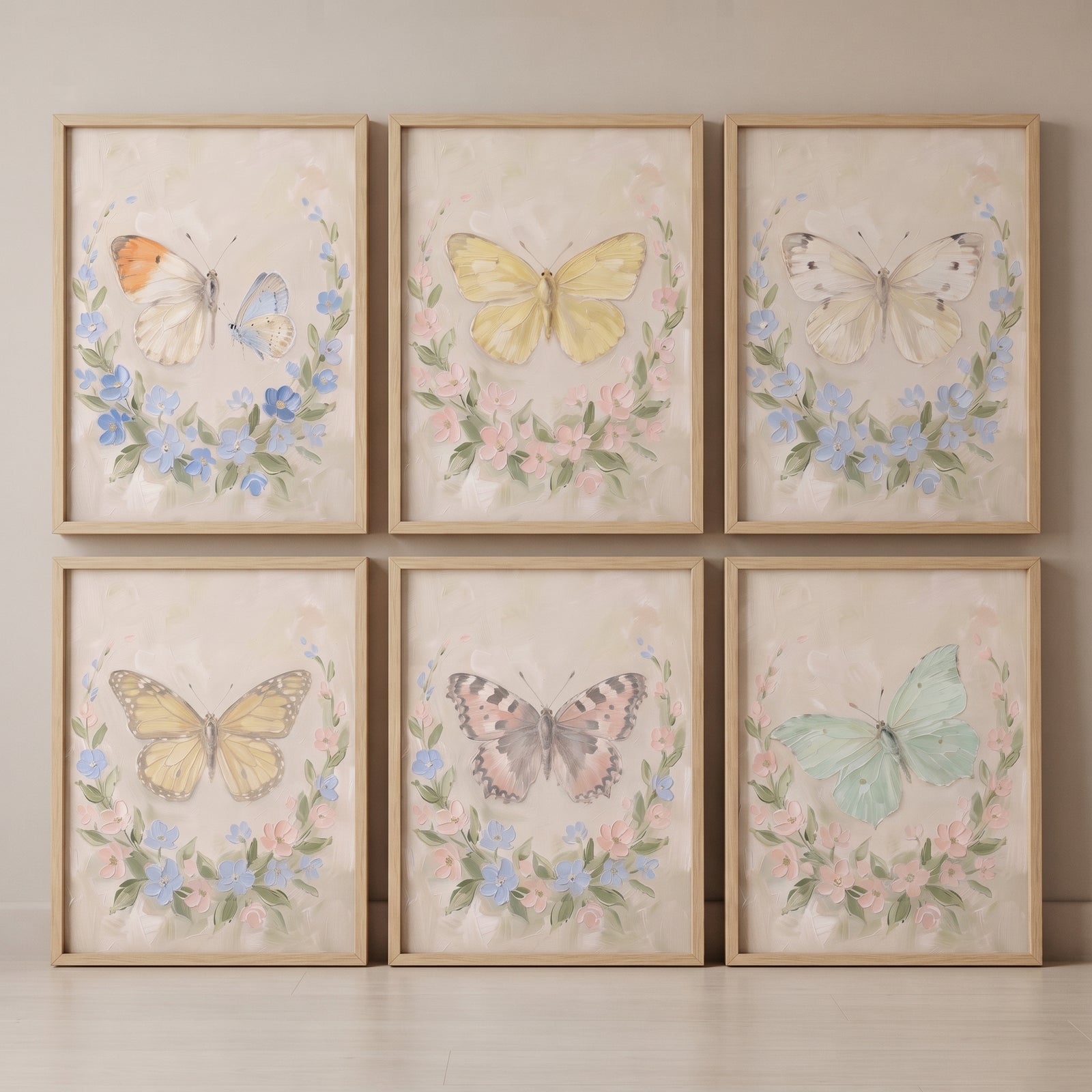 Heavy texture wildflower butterfly wall art set of 6 featuring soft-colored butterflies and floral wreaths in wood frames.