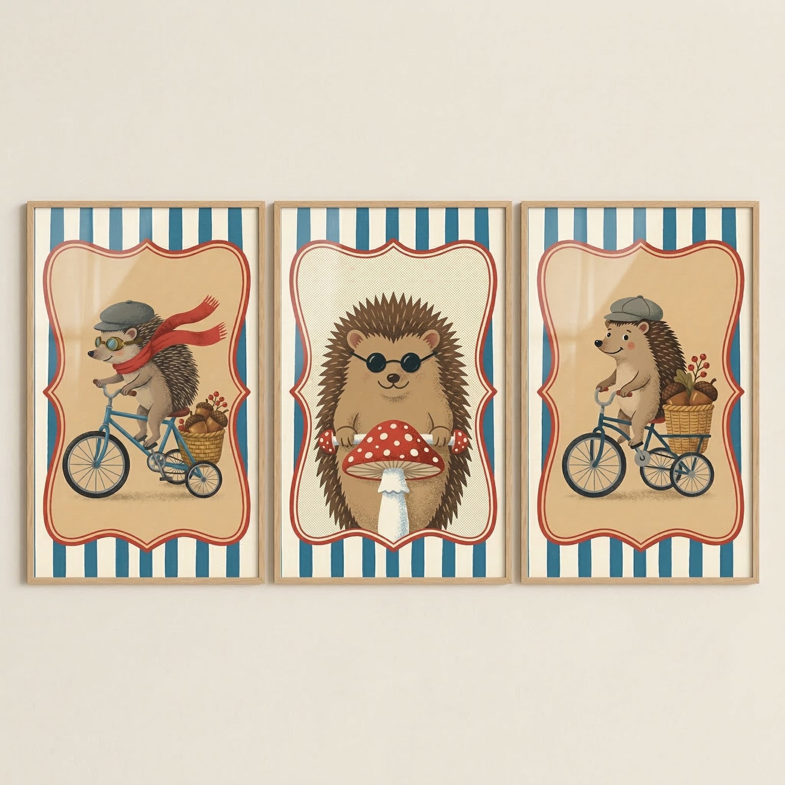 Three vertical framed art prints are displayed side-by-side, featuring whimsical illustrations of anthropomorphic hedgehogs in a retro style. Each print is enclosed in a light-colored wood frame.
The illustration on the left shows a hedgehog wearing a grey flat cap, goggles, and a long red scarf trailing behind as it rides a blue bicycle. A small basket filled with acorns is perched on the back of the bike.
