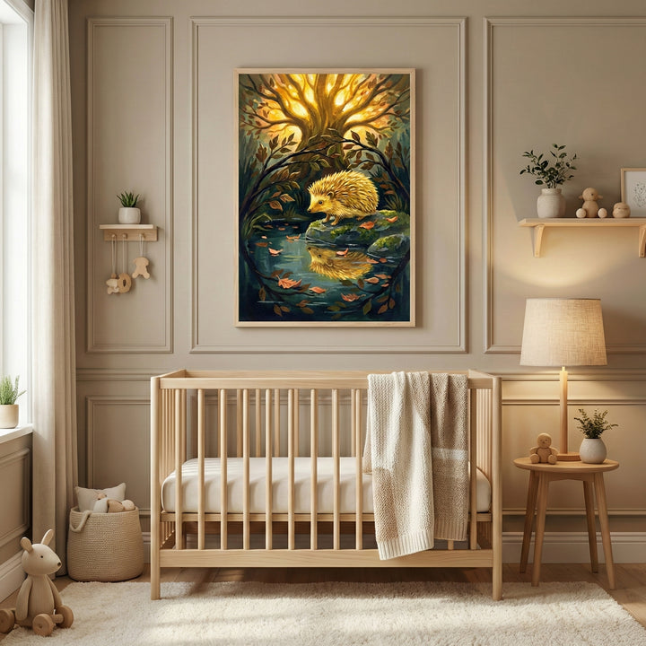 A serene nursery with neutral-toned paneled walls features a light wooden crib in the center. Above the crib hangs a framed piece of artwork depicting a golden-yellow hedgehog perched on a mossy rock by a pool of water, reflecting its image beneath a glowing, stylized tree with intricate branches. To the left of the crib, a small wall shelf holds a potted plant, and a large fabric basket filled with soft toys sits on the floor near a light-filled window. To the right, a small wooden side table holds a table