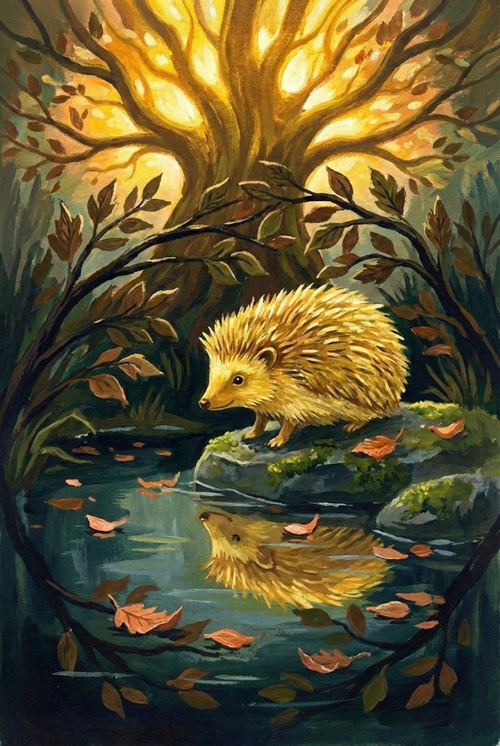 A golden-colored hedgehog stands on a mossy stone beside a pond, its reflection cast in the dark water where fallen leaves float. In the background, a large tree glows with a bright golden light that shines from between its branches. Dark, leafy boughs frame the scene in a circular shape, creating a peaceful woodland setting.