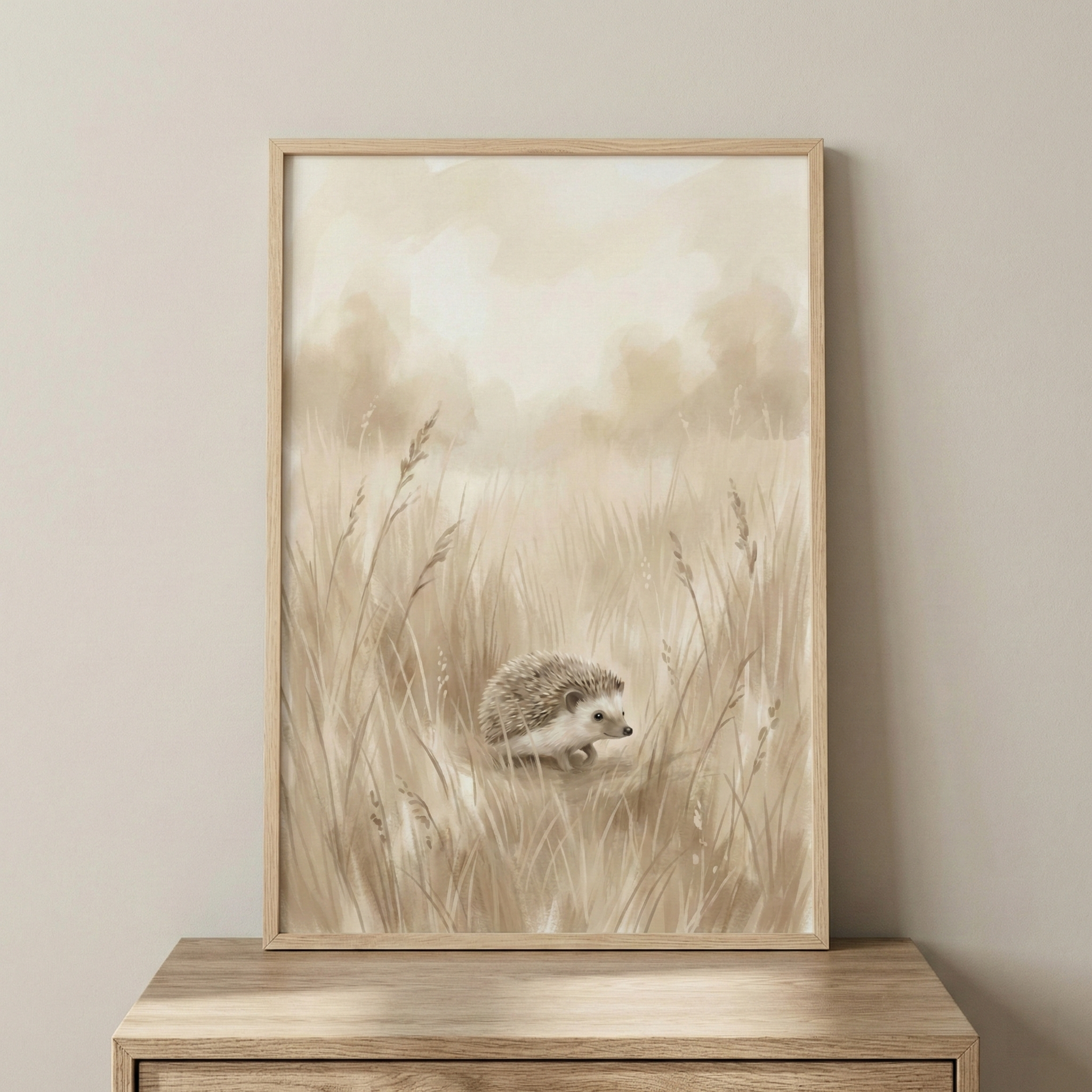 A framed piece of wall art features a gentle illustration of a small hedgehog in a field of tall grass. The style is soft and minimalist, using a muted color palette of cream, beige, and light brown tones. The hedgehog is depicted in a side profile, walking through the wispy grass which reaches up towards a hazy, light-colored background. The image is presented in a light wood frame, resting on a wooden tabletop against a neutral-colored wall. The overall aesthetic is calm, delicate, and earthy.