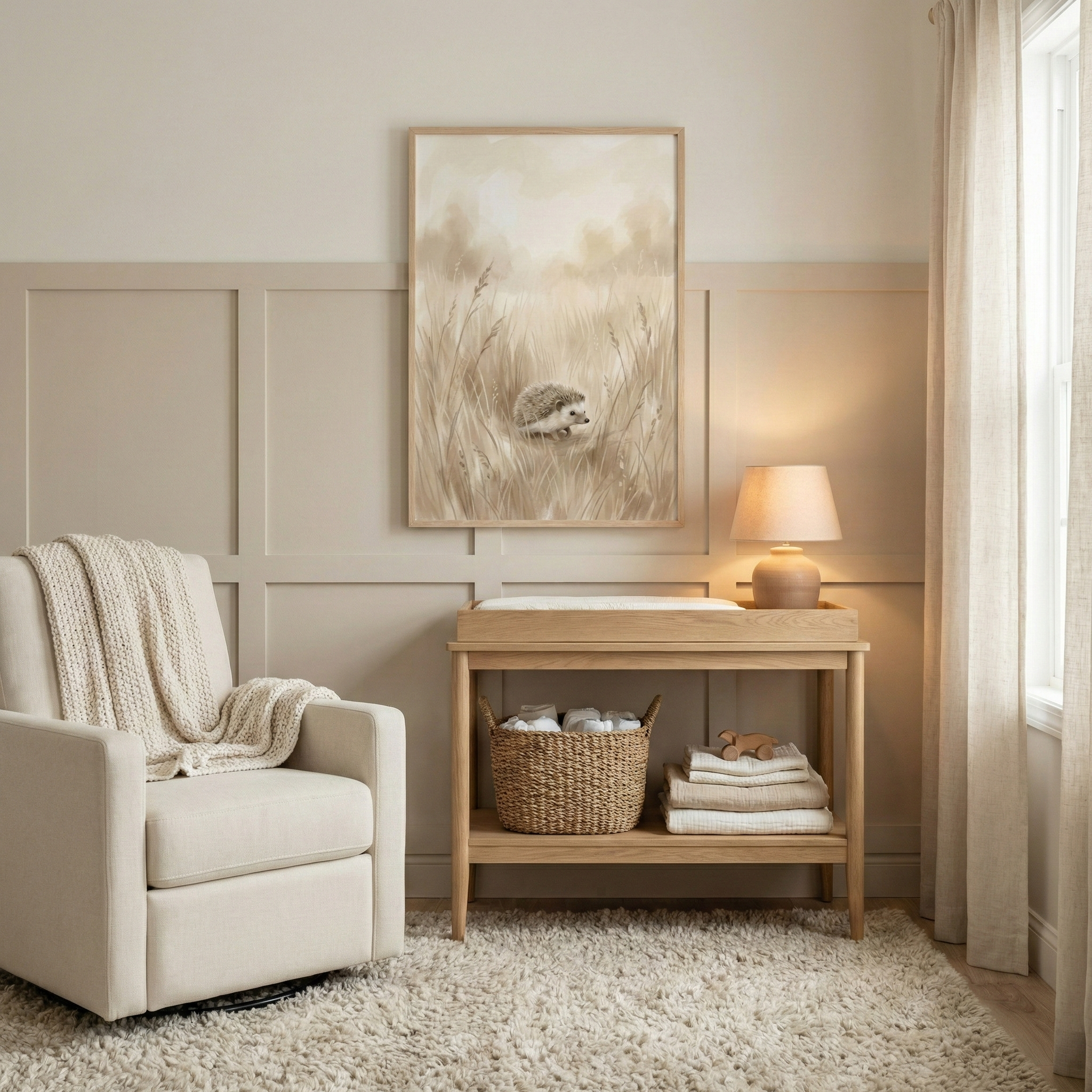 A serene and neutrally-toned nursery features warm, earthy colors and soft textures. An upholstered cream-colored rocking chair sits on the left, draped with a thick, textured throw blanket. Next to it is a light wood changing table with a lower shelf. The shelf holds a woven basket, a stack of neatly folded white blankets, and a small wooden toy. On the top surface of the table is a changing pad and a small lamp with a warm glow. 