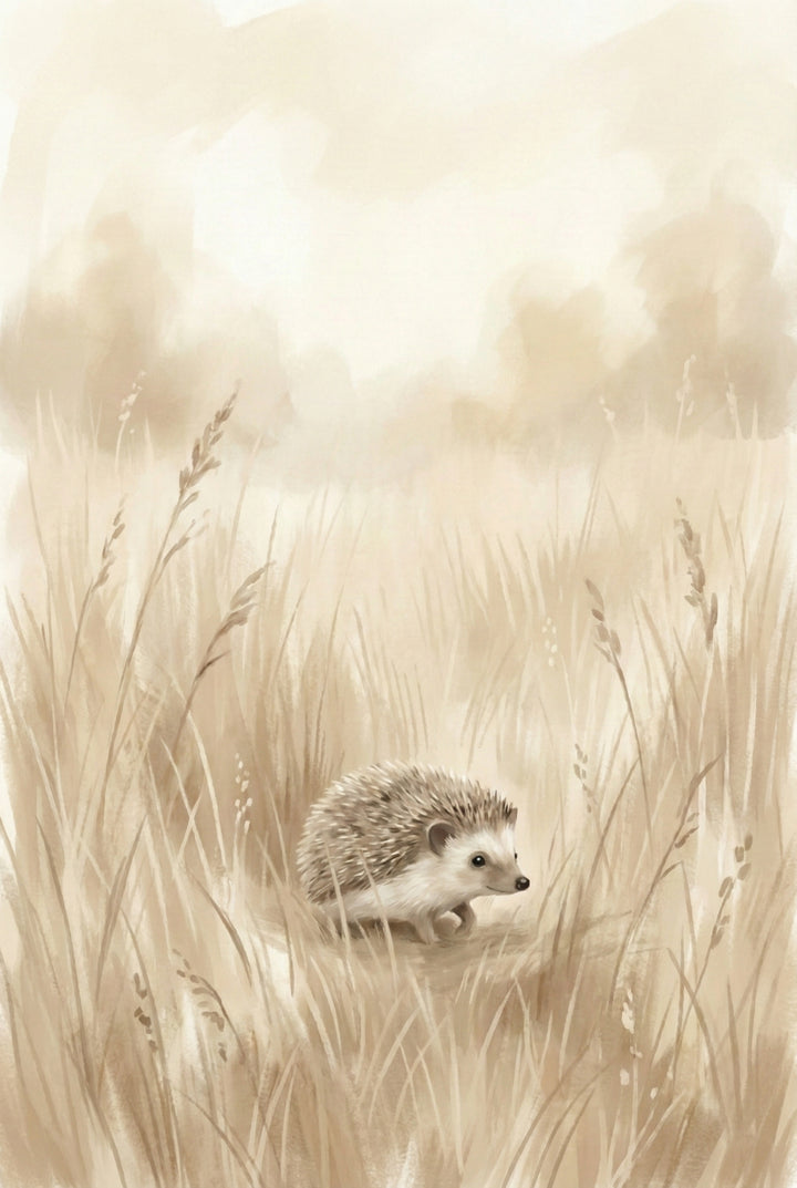 Watercolor illustration of a small hedgehog walking through tall meadow grass, featuring soft neutral tones and a cozy woodland nursery style.
