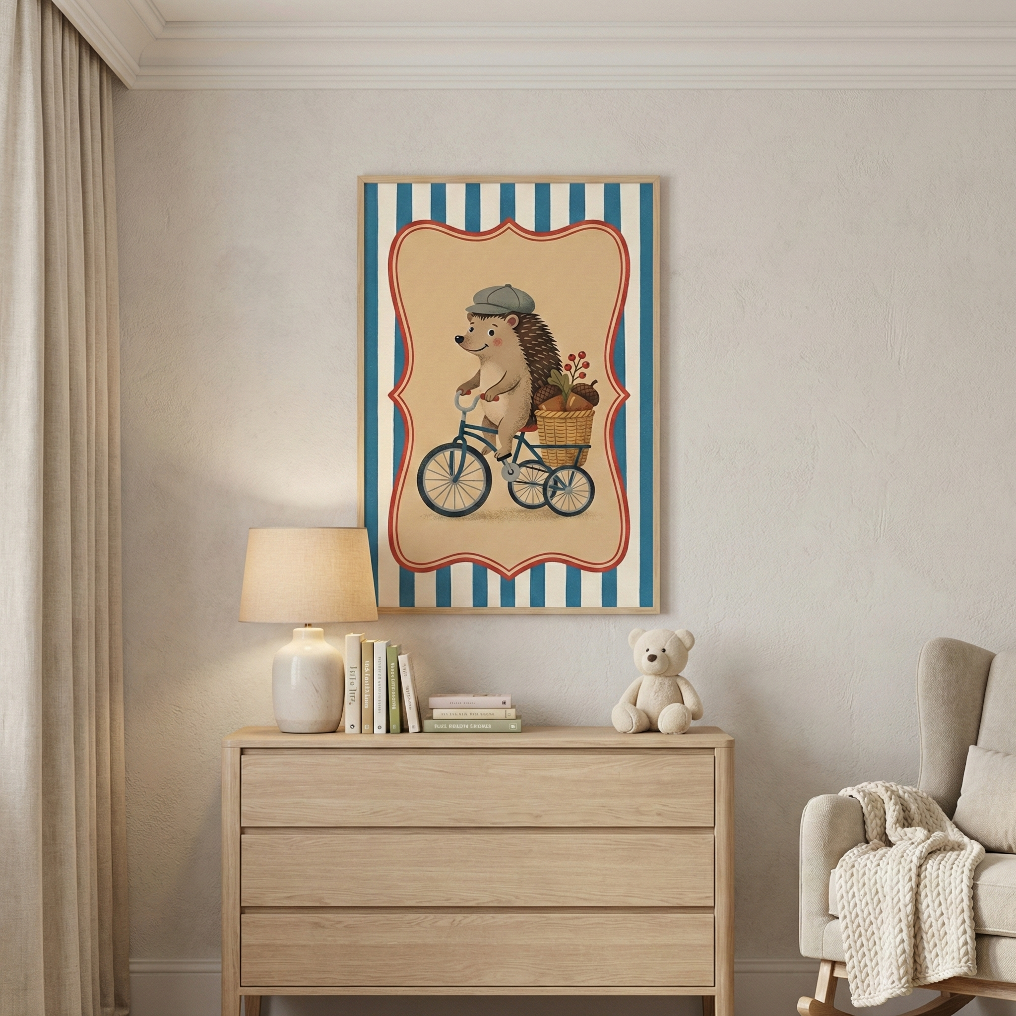 An interior view of a nursery featuring a light-colored wooden three-drawer dresser. On the dresser, there is a simple table lamp, a stack of books, and a small, soft-colored stuffed teddy bear. Above the dresser hangs a framed artwork of a cute hedgehog wearing a grey flat cap and riding a blue tricycle. The tricycle has a basket on the back filled with acorns and sprigs of red berries. 