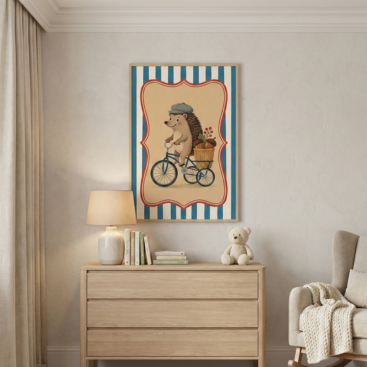 An interior view of a nursery featuring a light-colored wooden three-drawer dresser. On the dresser, there is a simple table lamp, a stack of books, and a small, soft-colored stuffed teddy bear. Above the dresser hangs a framed artwork of a cute hedgehog wearing a grey flat cap and riding a blue tricycle. The tricycle has a basket on the back filled with acorns and sprigs of red berries. 