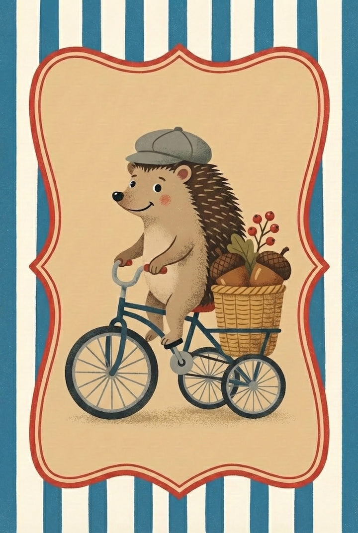 Illustration of a cheerful hedgehog riding a tricycle with a basket full of acorns and leaves, wearing a gray cap against a similar tan, red-framed background with blue and white stripes.