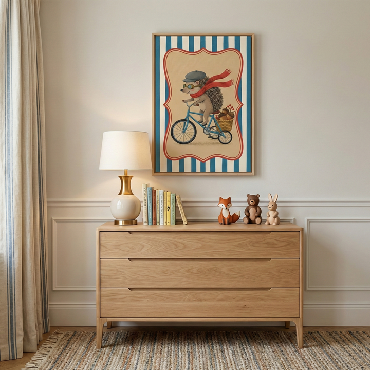 A framed illustration of a cartoon hedgehog wearing goggles and a red scarf while riding a blue bicycle is centered on a light neutral wall above a light wood three-drawer dresser. The artwork features a vintage-style border with blue and white stripes. On the dresser top sits a small white table lamp with a gold base, a row of colorful books, and three wooden animal figures of a fox, a bear, and a rabbit. 