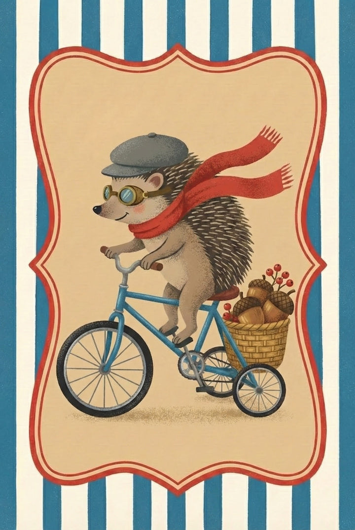 Illustration of a hedgehog on a bicycle wearing aviator goggles, a red scarf, and a gray cap, with a basket of acorns and red berries on the back, set against the same vintage-style background.