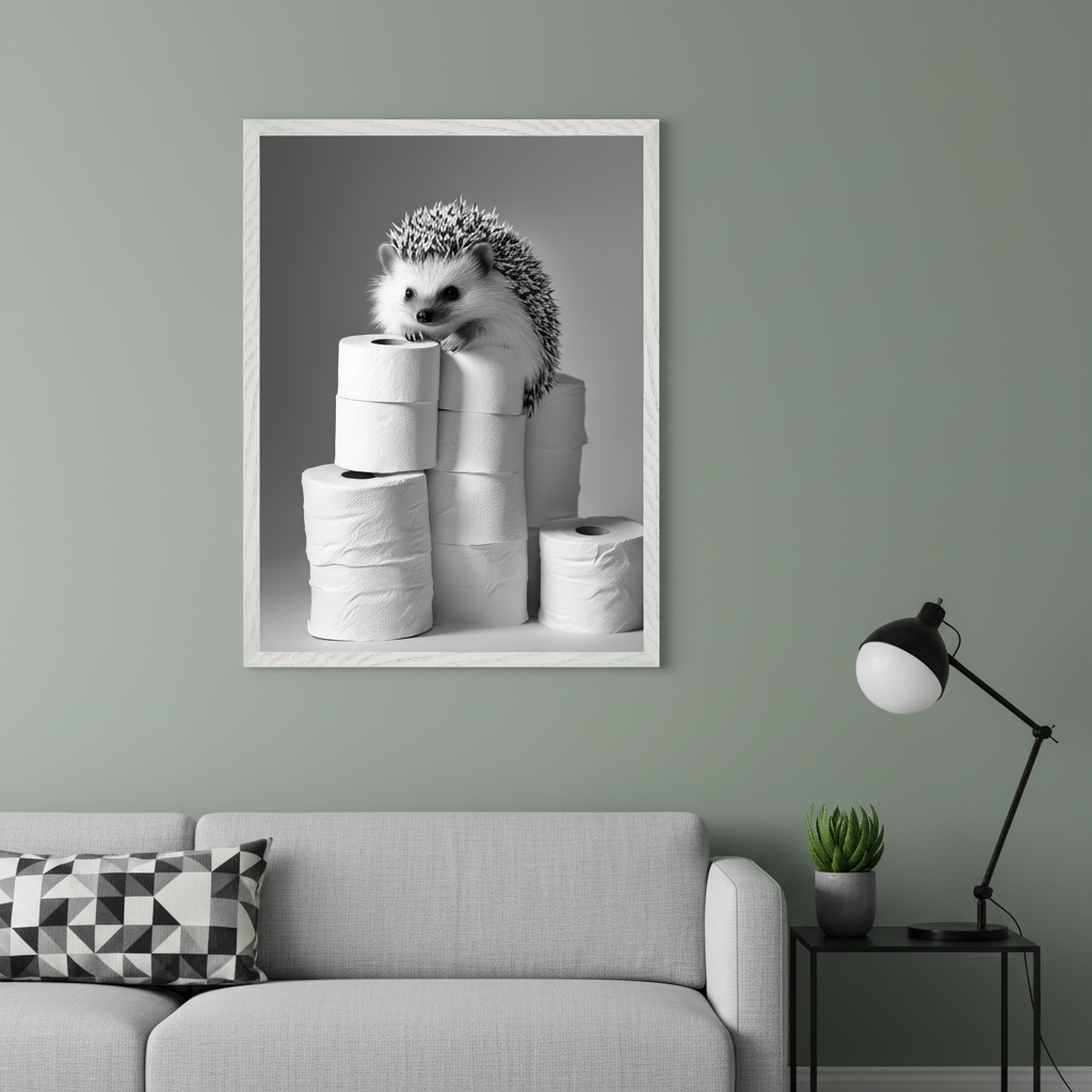 Modern living room with a gray sectional sofa and black side table. A white-framed black and white photo of a hedgehog on a stack of toilet paper hangs centered above the sofa on a sage green wall.