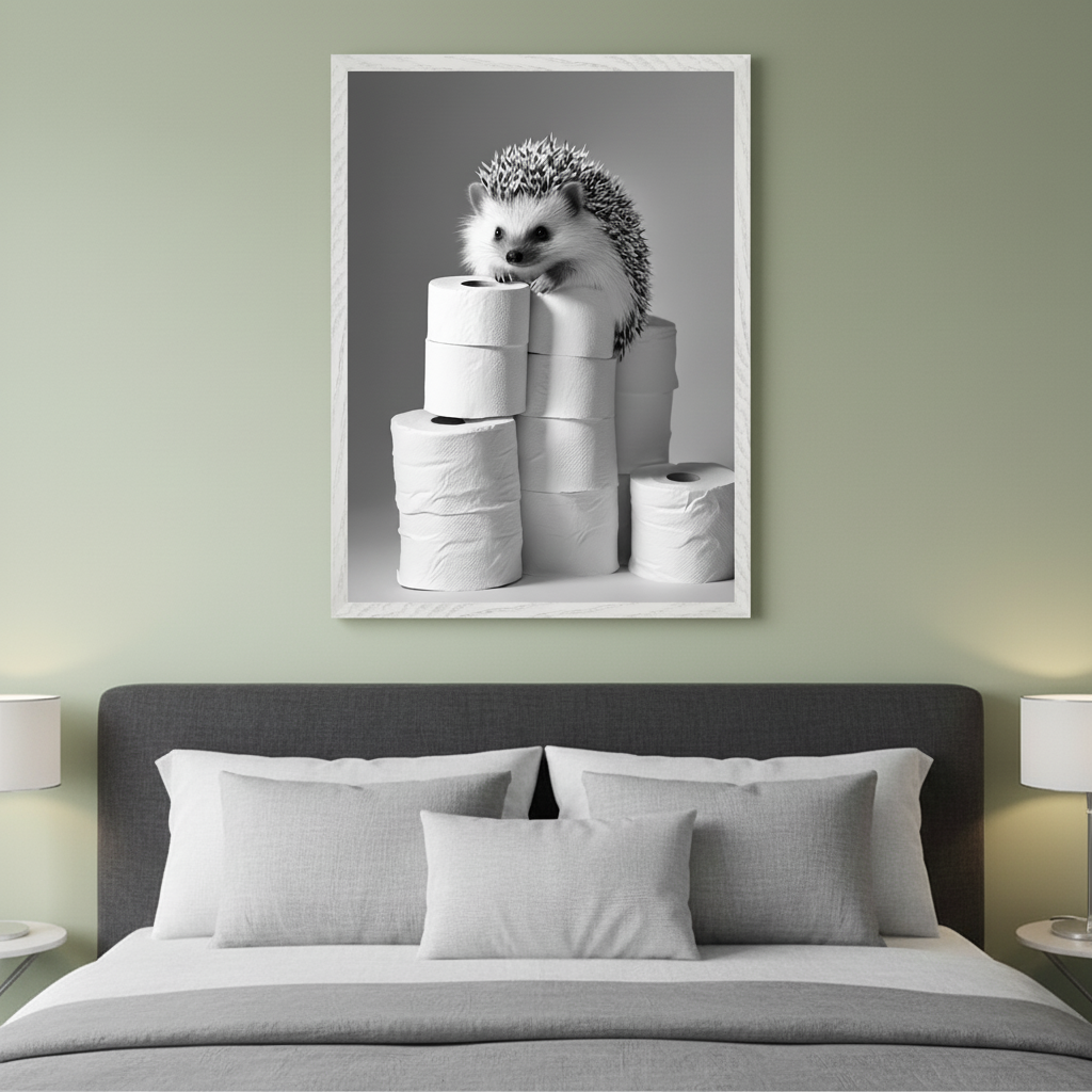 Modern bedroom with a dark grey upholstered bed. Framed black and white photograph of a hedgehog perched on stacked toilet paper rolls hangs centered above the bed.