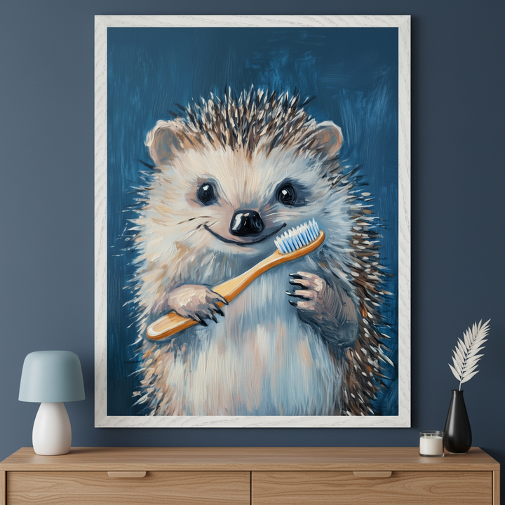Modern room with a dark blue wall. A large white-framed oil painting of a smiling hedgehog holding a wooden toothbrush hangs above a light wooden dresser. A small blue lamp and a black vase with a white feather are on the dresser.
