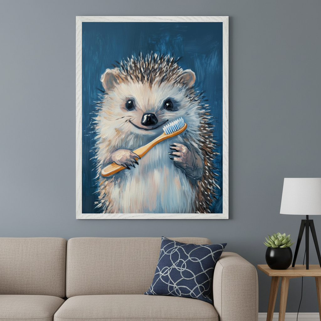 Living room with a beige sofa, a blue patterned pillow, and a side table with a lamp and plant. A large framed painting of a smiling hedgehog holding a toothbrush, rendered with expressive brushstrokes, hangs above the sofa.