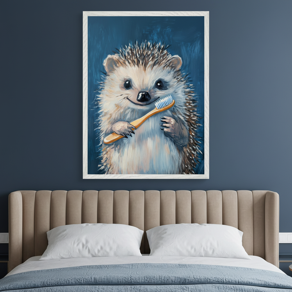 Bedroom with a dark blue wall and a light brown upholstered bed. A framed painting of a smiling hedgehog holding a toothbrush in an oil painting style hangs centered above the bed.