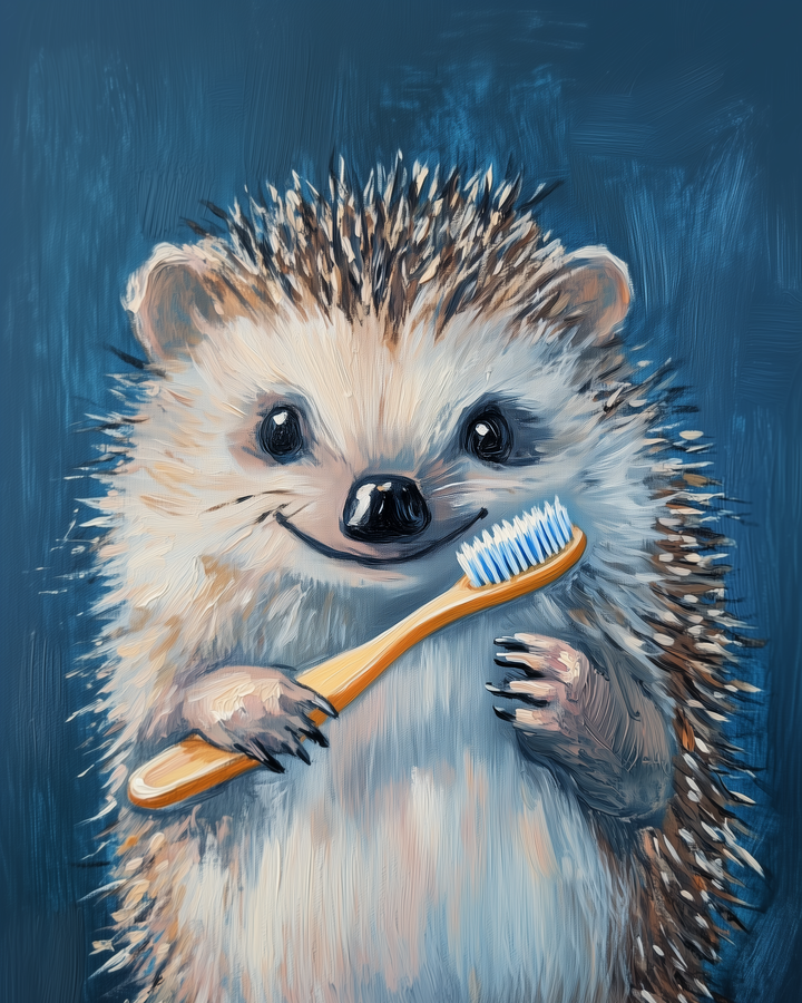A happy cartoon-style hedgehog stands against a blue background, holding a wooden toothbrush in its tiny paws. The image combines cuteness and personal hygiene in a charming, family-friendly style.
