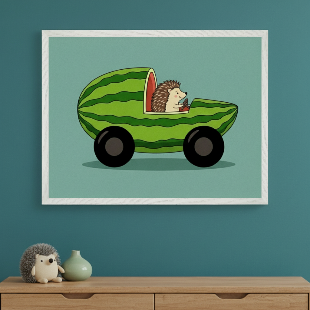 Kid's room with a light wood dresser. Above it hangs a framed cartoon print of a hedgehog driving a watermelon car. A plush hedgehog and small green vase are on the dresser.