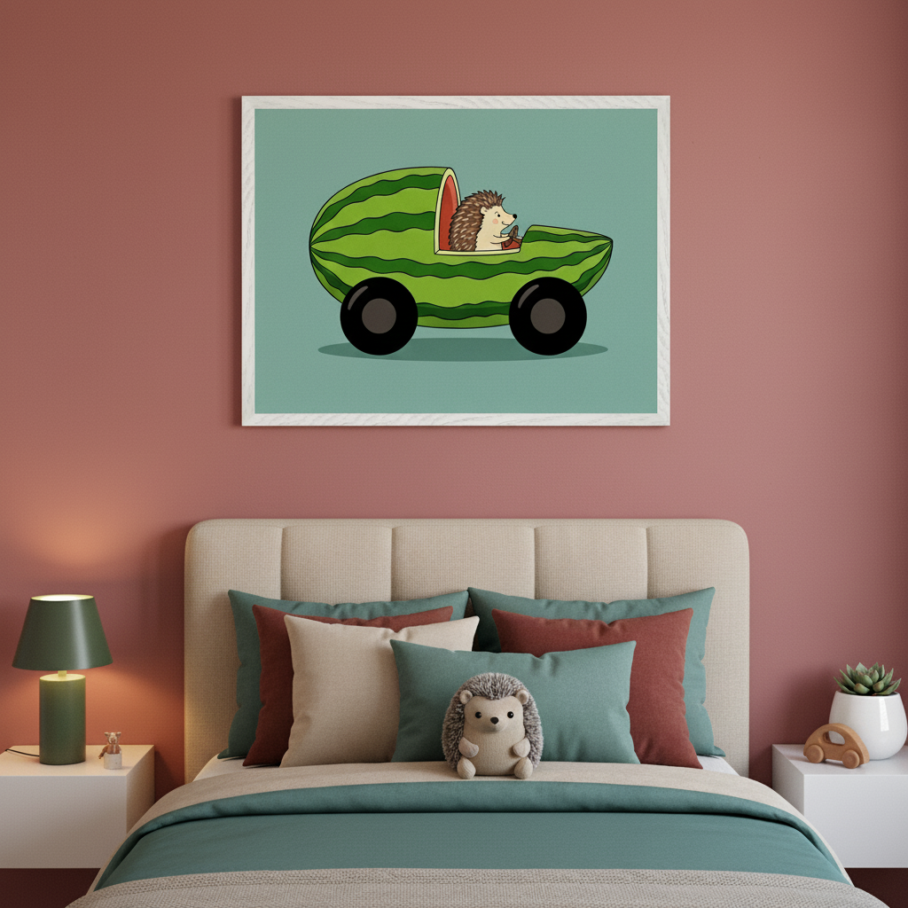 Kid's bedroom with a bed featuring a beige headboard. A large framed print of a cartoon hedgehog driving a watermelon car on a light blue background hangs centered above the bed.