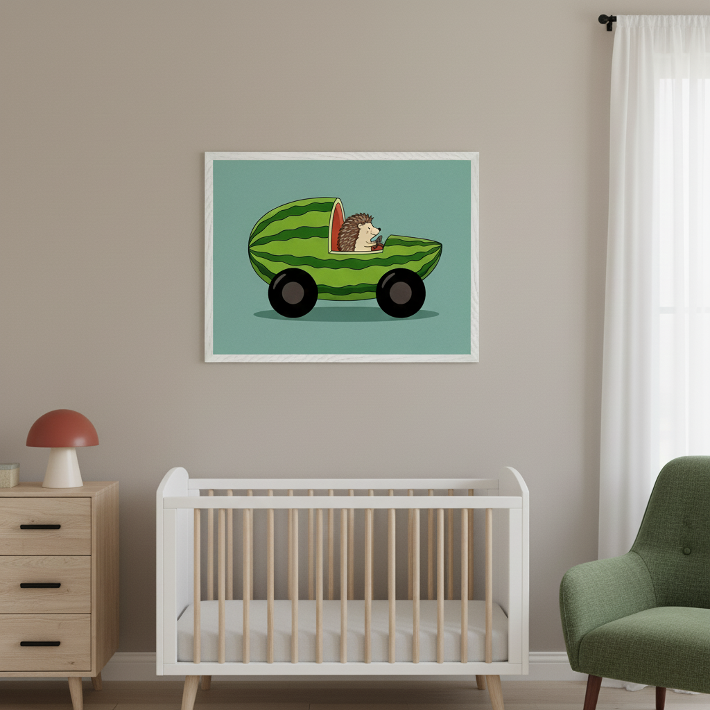 Modern nursery with a white crib, a wooden dresser with a mushroom lamp, and a green armchair. A large framed illustration of a hedgehog driving a watermelon car hangs on the wall above the crib and dresser.