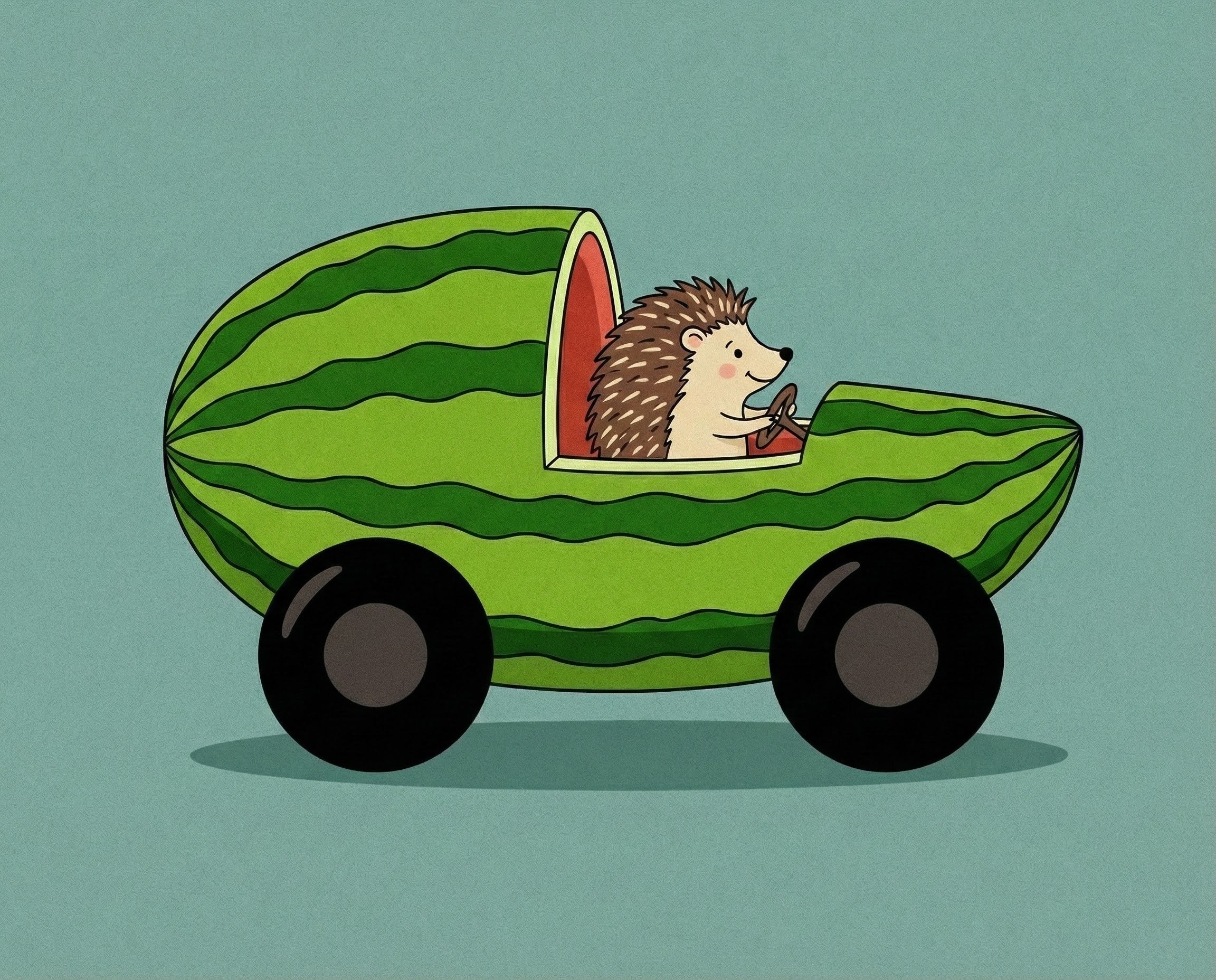 A smiling hedgehog drives a whimsical car shaped like a watermelon with black wheels, combining cute animal art with creative vehicle design for a fun and imaginative scene suited for all ages.
