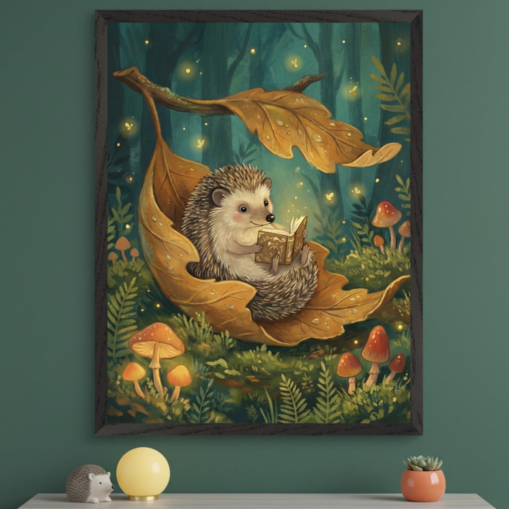 Modern room with dark teal walls and a light gray tabletop. A framed whimsical illustration of a hedgehog reading a book in autumn leaves with fireflies and mushrooms hangs above the tabletop.