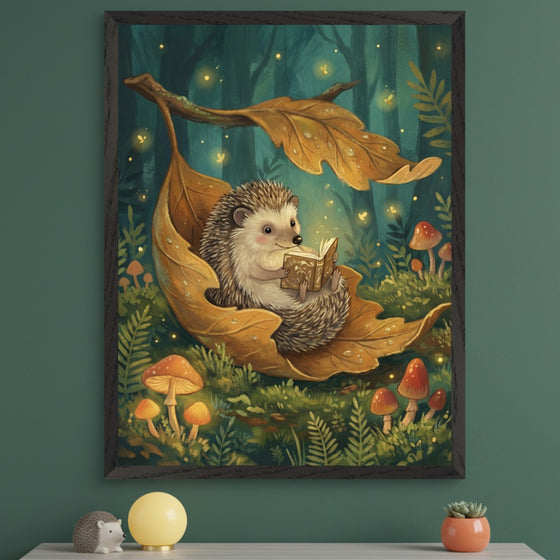 Modern room with dark teal walls and a light gray tabletop. A framed whimsical illustration of a hedgehog reading a book in autumn leaves with fireflies and mushrooms hangs above the tabletop.
