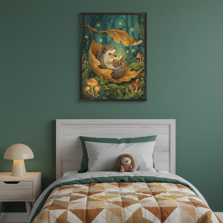 Kid's bedroom with a white wooden single bed and a bedside table. A framed whimsical artwork of a hedgehog reading in a large autumn leaf with glowing mushrooms and fireflies in a forest hangs centered above the bed.
