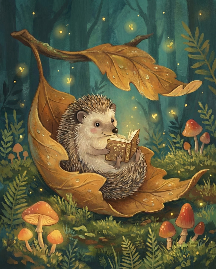 A cute hedgehog lounges in a curled autumn leaf suspended like a hammock, reading a glowing storybook surrounded by mushrooms and glowing fireflies, offering a cozy and enchanting woodland moment for kids and adults.
