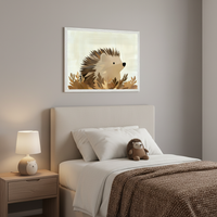 Kid's bedroom with a neutral upholstered bed and wooden nightstand. A framed illustration of a hedgehog among autumn leaves hangs above the bed. A hedgehog lamp and plush toy are also visible.