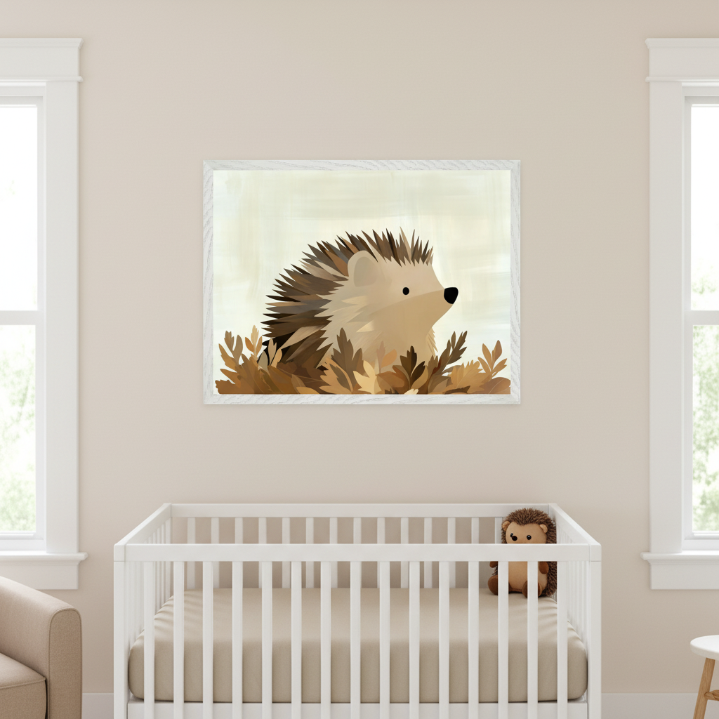 Modern nursery with a light beige wall and a white crib. Above the crib, a large white-framed illustration depicts a brown and beige hedgehog in an illustrative style, nestled among autumn leaves. A plush hedgehog toy is in the crib.