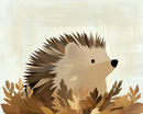 A stylized illustration shows a cute hedgehog with spiky brown and tan quills, nestled among a cluster of autumn leaves in shades of orange, brown, and beige, set against a soft, cream-colored background.