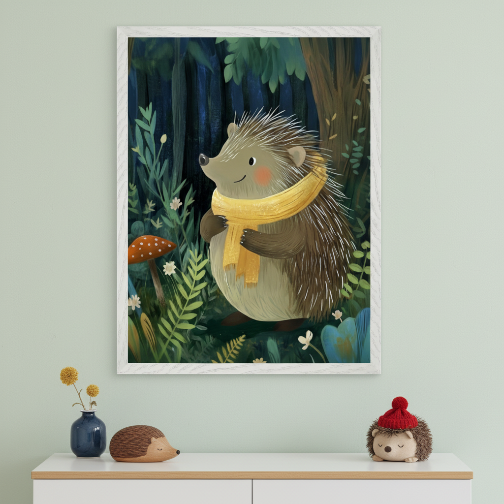 A cozy room with a light green wall features a framed illustration of a hedgehog wearing a yellow scarf, surrounded by plants, mushrooms, and flowers. On a wooden shelf below the artwork, there are two hedgehog-themed decorative objects: one is a small wooden hedgehog and the other is a plush hedgehog with a red hat. A small vase with yellow flowers is also on the shelf.