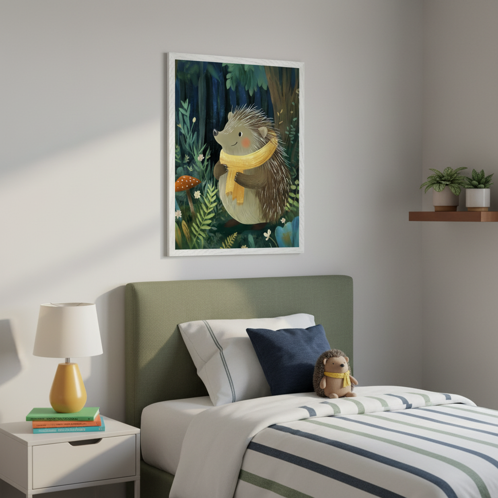 Kid's bedroom with a bed, green headboard, and white nightstand. A large framed print of a hedgehog in a yellow scarf in a forest hangs above the bed. A floating shelf with plants is on the right.