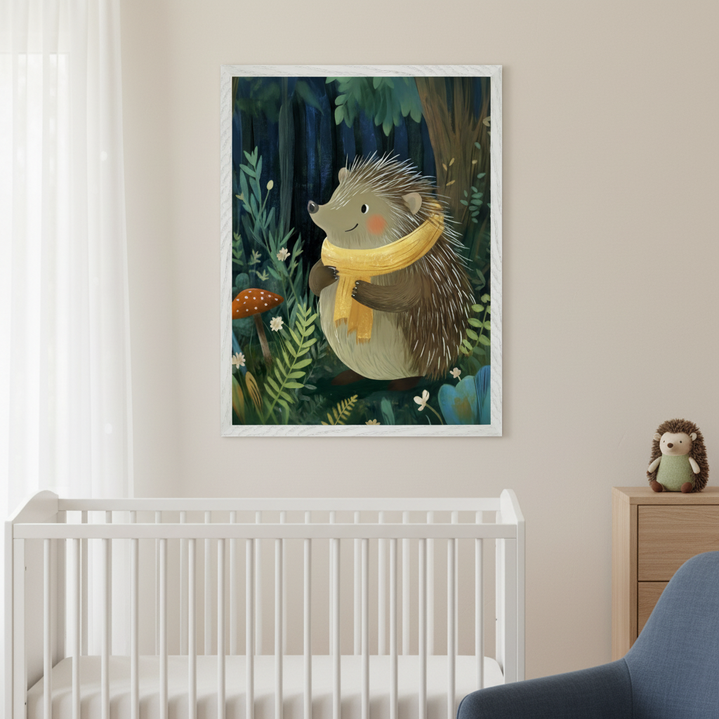 A cozy nursery features a white crib and a framed illustration of a cheerful hedgehog wearing a yellow scarf, surrounded by lush forest foliage and a red mushroom. A small hedgehog plush toy sits on a wooden dresser nearby.