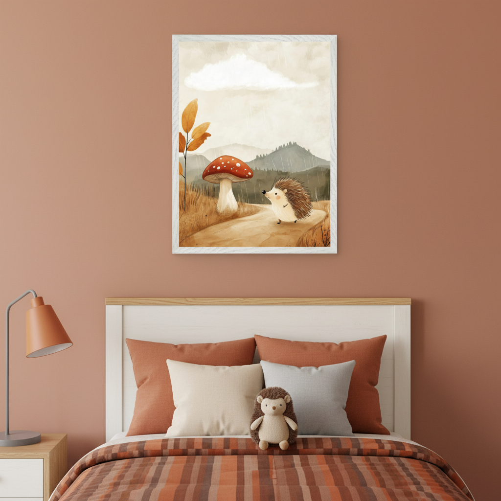 Cozy kid's bedroom with a bed, white headboard, and a stuffed hedgehog. Above the bed, framed watercolor art depicts a hedgehog on a path with a mushroom, mountains, and rain. A lamp sits on a bedside table.