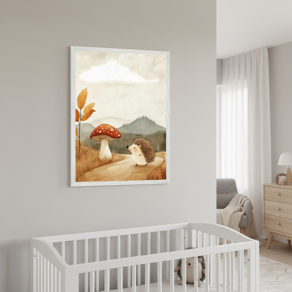 Modern nursery with a white crib and a light wood dresser. A framed watercolor illustration hangs above the crib, depicting a hedgehog walking on a path next to a mushroom and autumn leaves, with mountains and rain in the background.